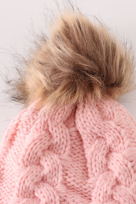 Cozy Pink Cable Knit Pom Beanie Hats for Baby, Toddlers and Adults