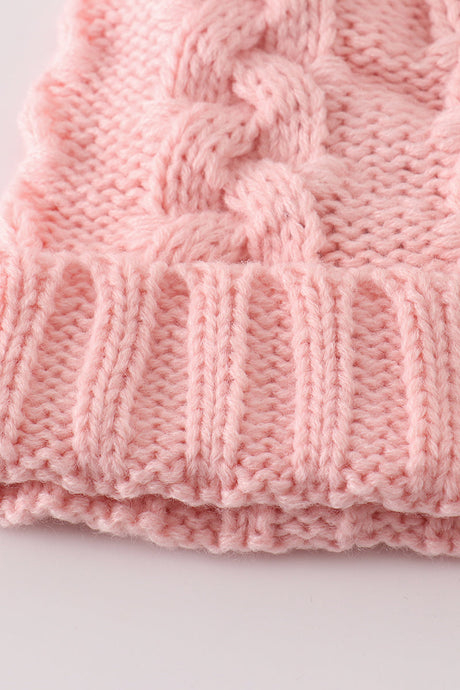 Cozy Pink Cable Knit Pom Beanie Hats for Baby, Toddlers and Adults