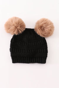 Cozy Black Knit Beanie Hat With Double Pom-Poms by Abby & Evie