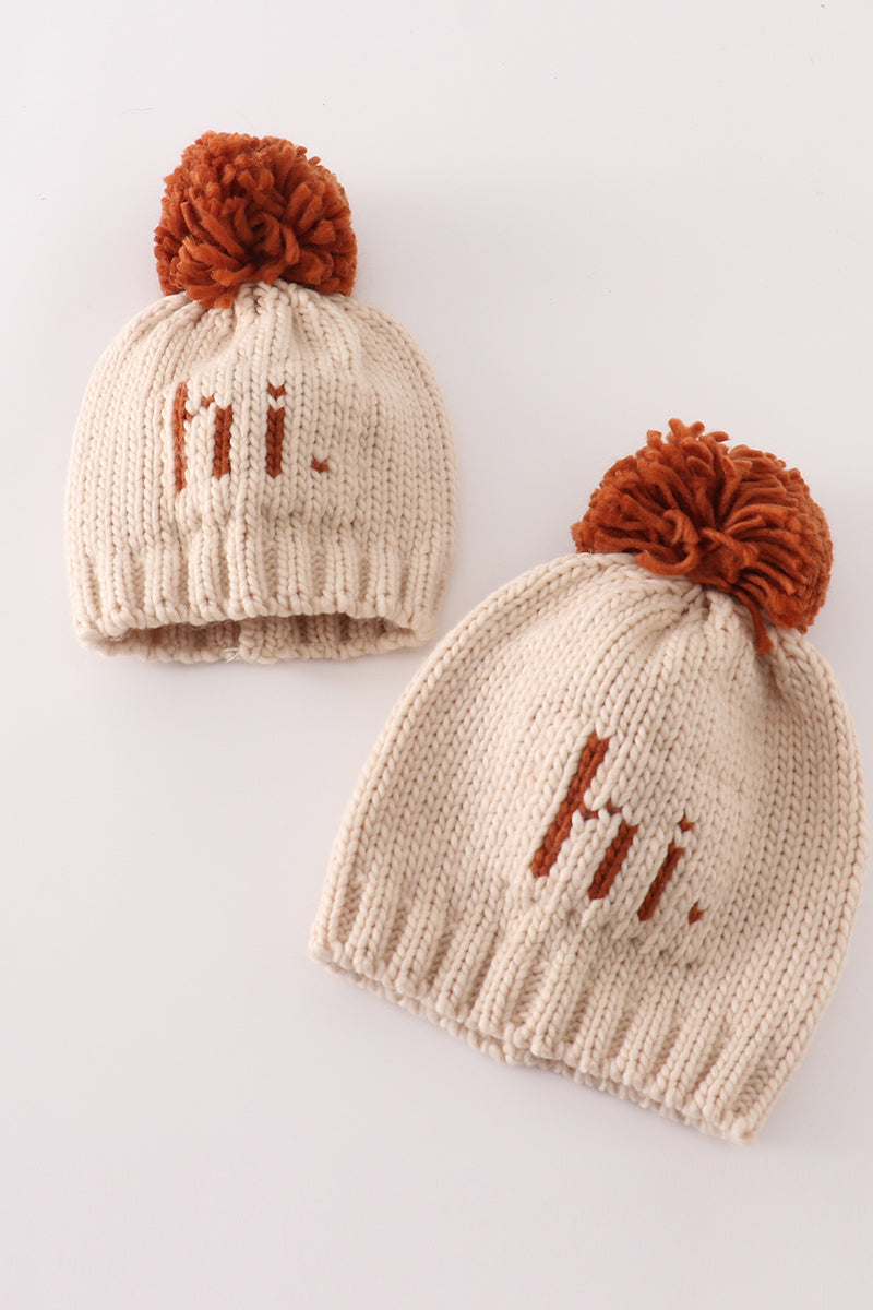 Cozy Beige “Hi” Knit Pom-Pom Beanie Hat by Abby & Evie