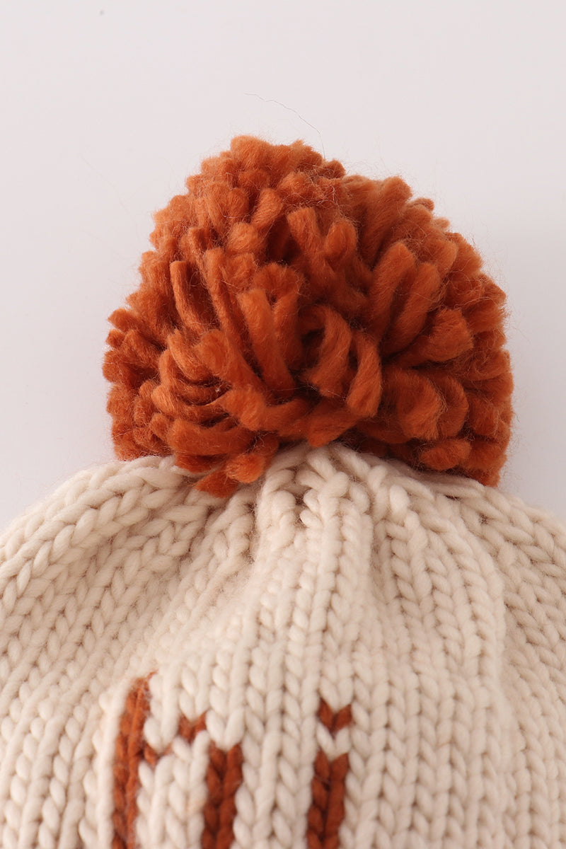 Cozy Beige “Hi” Knit Pom-Pom Beanie Hat by Abby & Evie