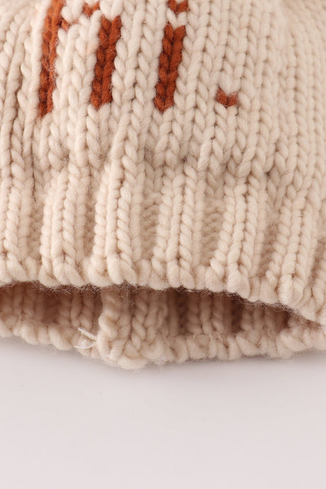 Cozy Beige “Hi” Knit Pom-Pom Beanie Hat