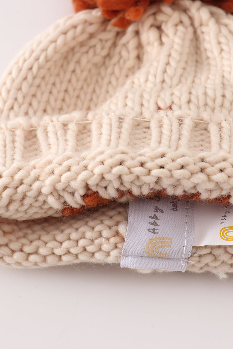 Cozy Beige “Hi” Knit Pom-Pom Beanie Hat by Abby & Evie