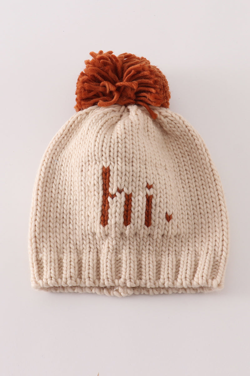 Cozy Beige “Hi” Knit Pom-Pom Beanie Hat by Abby & Evie