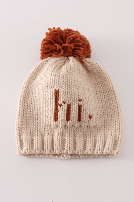 Cozy Beige “Hi” Knit Pom-Pom Beanie Hat