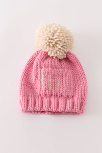 Pink "Hi" Cable Knit Pom-Pom Beanie Hat by Abby & Evie