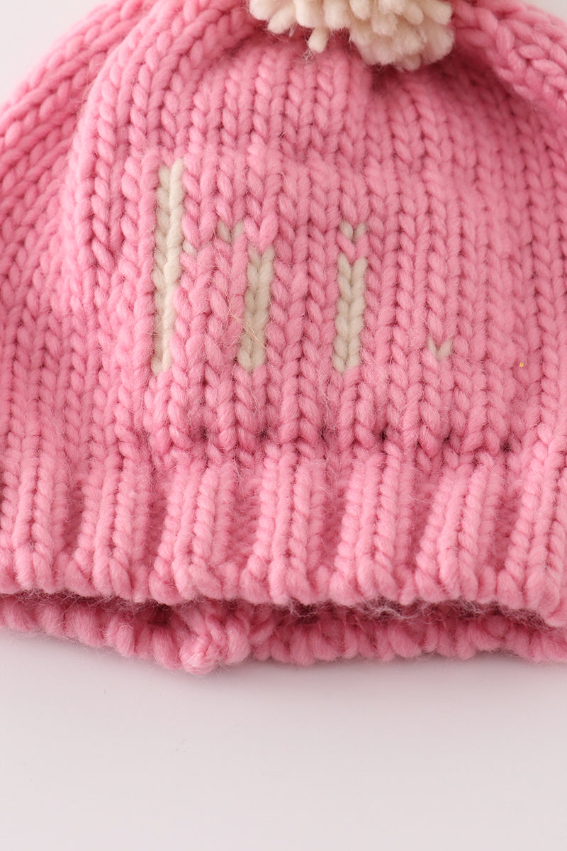 Pink "Hi" Cable Knit Pom-Pom Beanie Hat by Abby & Evie