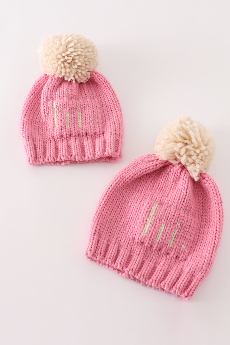 Pink "Hi" Cable Knit Pom-Pom Beanie Hat by Abby & Evie