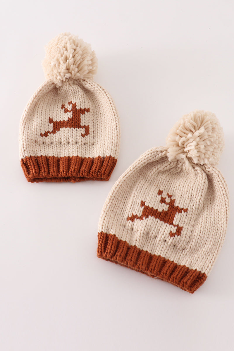 Cozy Beige Reindeer Knit Pom-Pom Beanie Hat by Abby & Evie