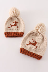 Cozy Beige Reindeer Knit Pom-Pom Beanie Hat by Abby & Evie