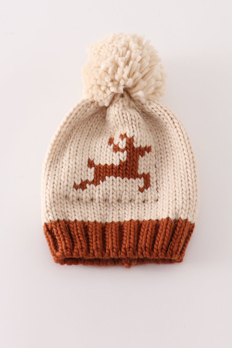 Cozy Beige Reindeer Knit Pom-Pom Beanie Hat by Abby & Evie