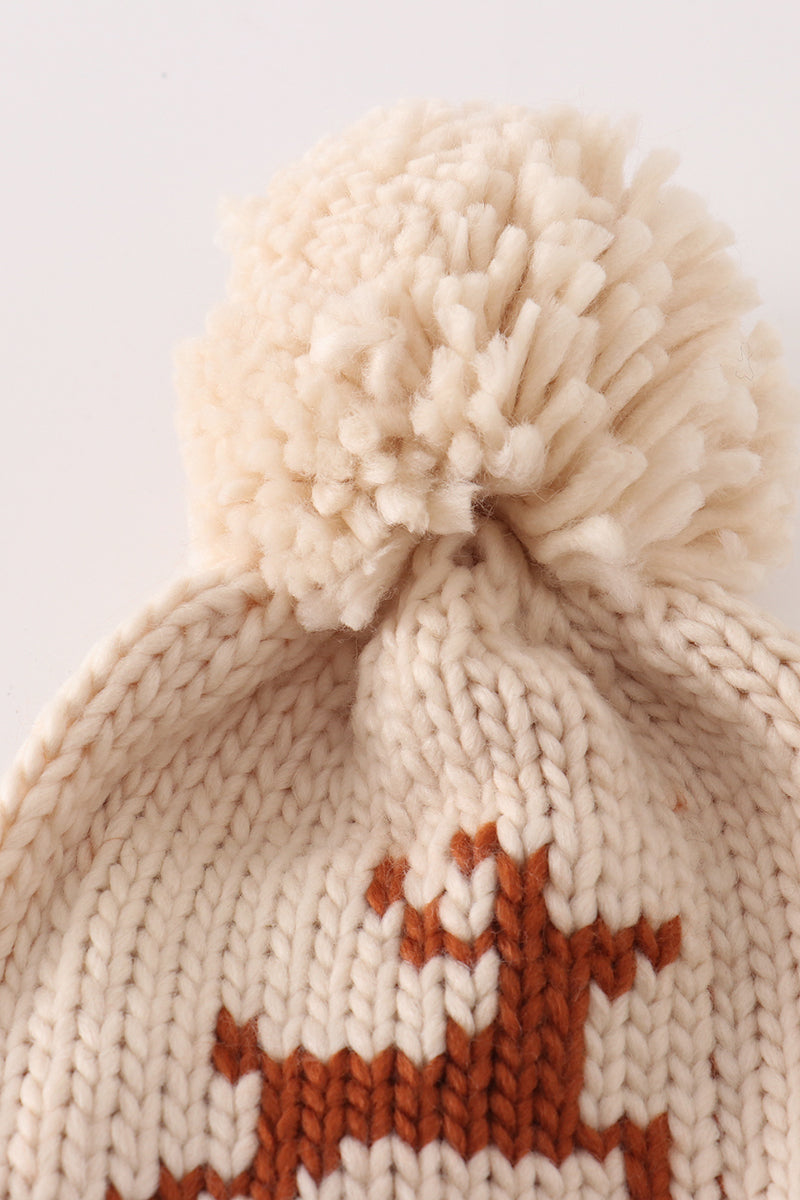 Cozy Beige Reindeer Knit Pom-Pom Beanie Hat by Abby & Evie