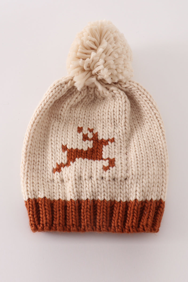 Cozy Beige Reindeer Knit Pom-Pom Beanie Hat by Abby & Evie