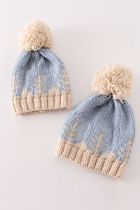 Snowy Blue Christmas Tree Cable Knit Beanie Hat by Abby & Evie