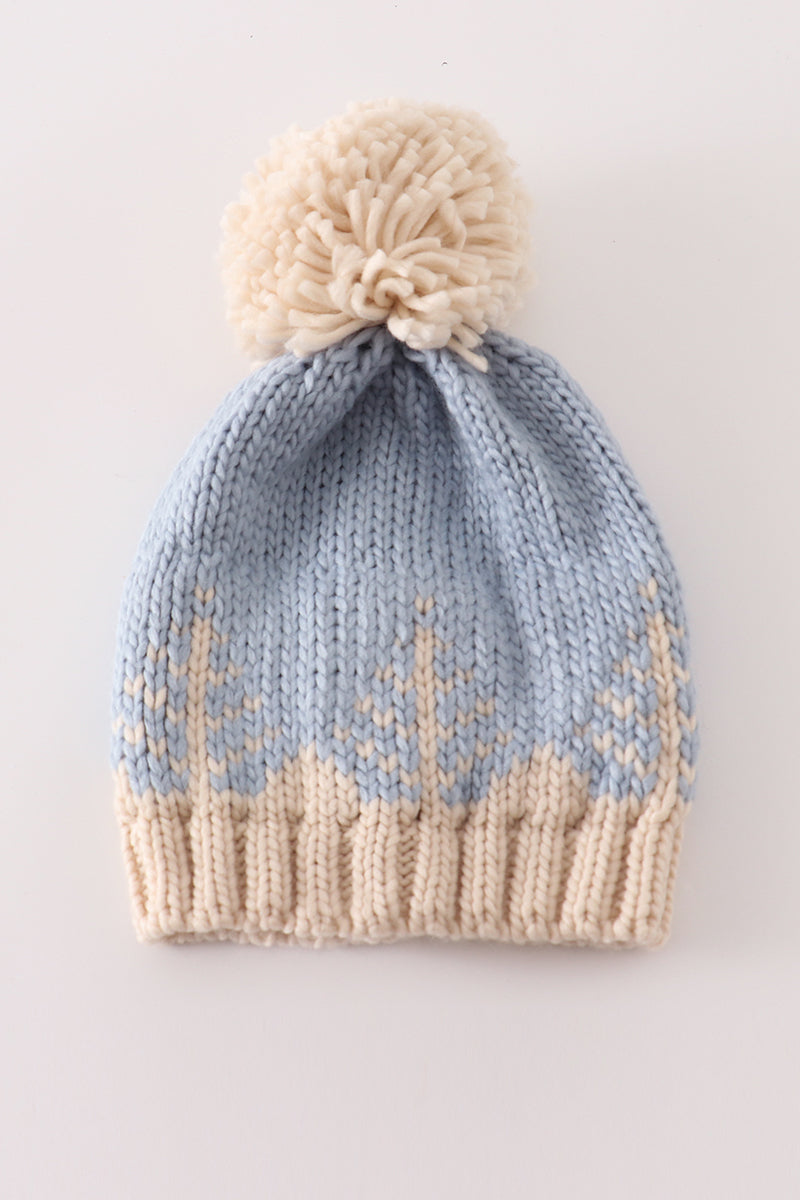 Snowy Blue Christmas Tree Cable Knit Beanie Hat by Abby & Evie