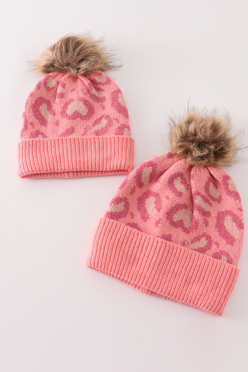 Leopard Pink Knit Pom-Pom Beanie Hat by Abby & Evie