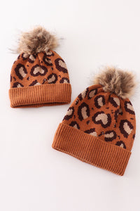 Leopard Brown Knit Pom-Pom Beanie Hat by Abby & Evie