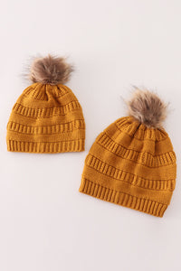 Mustard Cable Knit Pom-Pom Beanie Hat by Abby & Evie