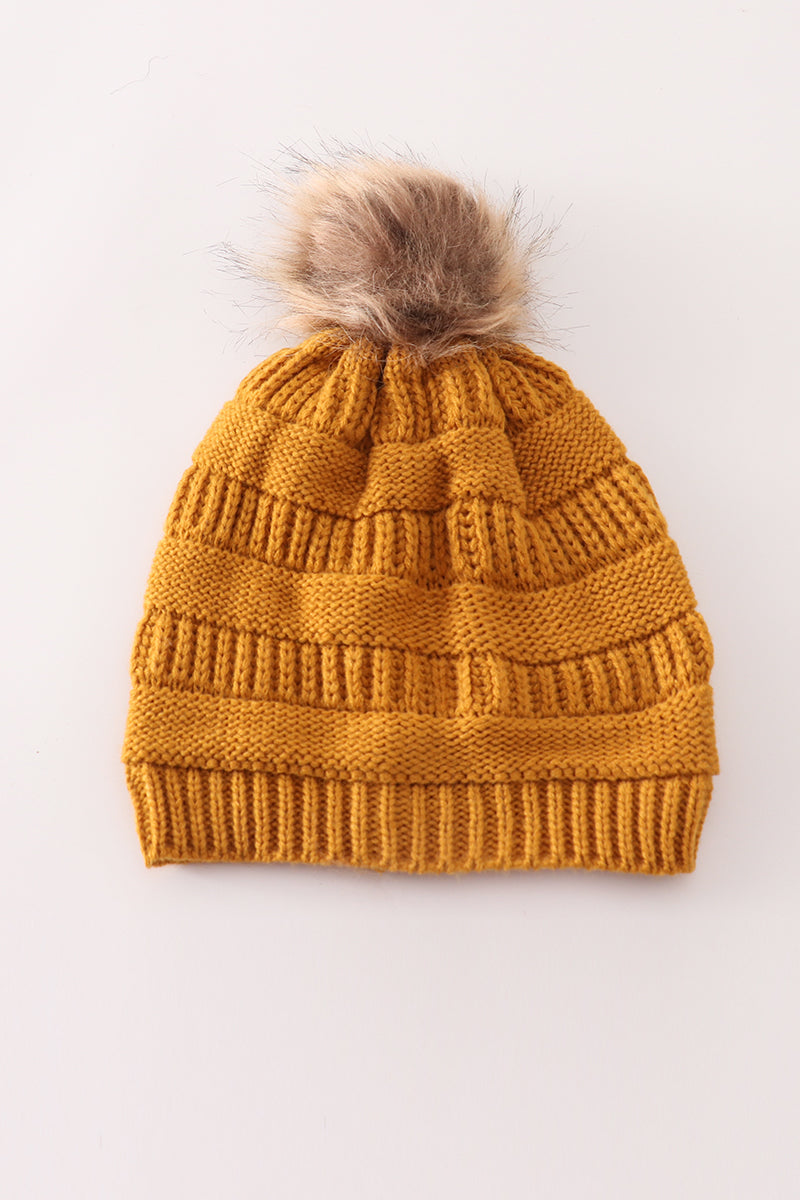 Mustard Cable Knit Pom-Pom Beanie Hat by Abby & Evie