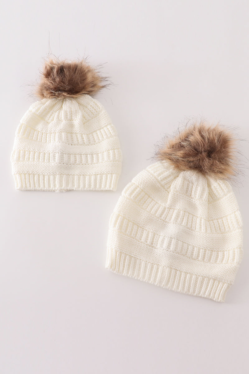 Ivory Cable Knit Pom-Pom Beanie Hat by Abby & Evie