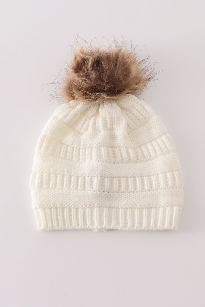 Ivory Cable Knit Pom-Pom Beanie Hat by Abby & Evie