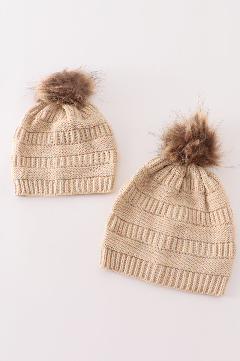 Beige Cable Knit Pom-Pom Beanie Hat by Abby & Evie