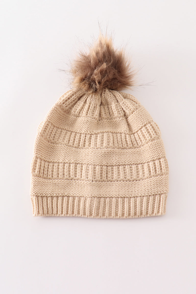 Beige Cable Knit Pom-Pom Beanie Hat by Abby & Evie