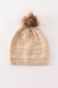 Beige Cable Knit Pom-Pom Beanie Hat by Abby & Evie