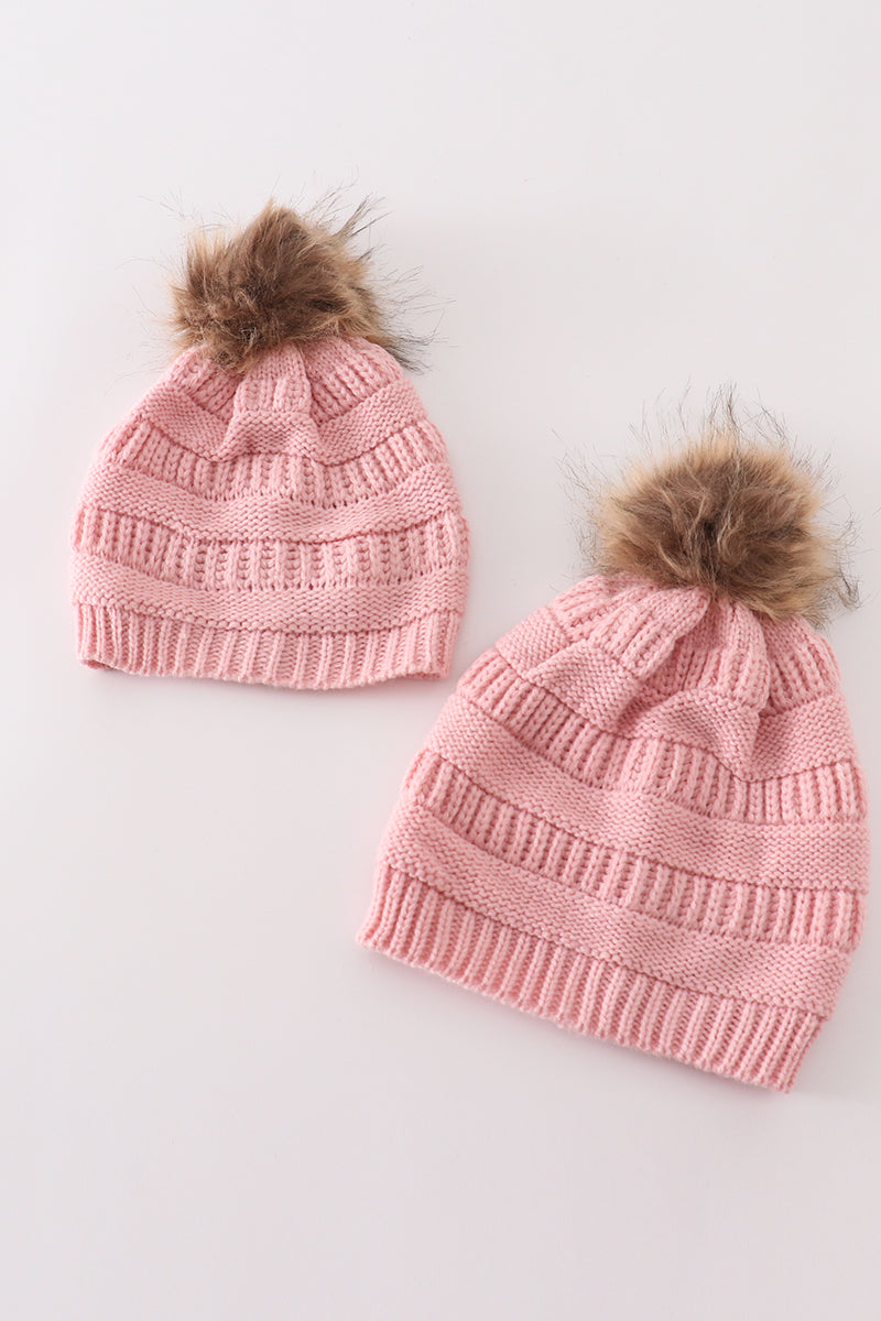 Pink Cable Knit Pom-Pom Beanie Hat by Abby & Evie