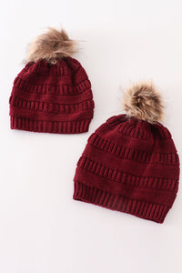 Burgundy Cable Knit Pom-Pom Beanie Hat by Abby & Evie