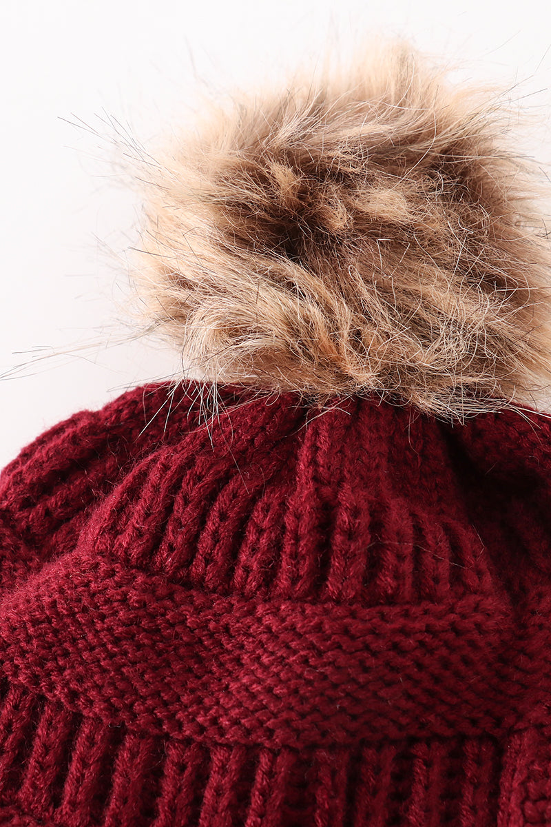 Burgundy Cable Knit Pom-Pom Beanie Hat by Abby & Evie