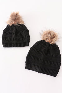 Black Cable Knit Pom-Pom Beanie Hat by Abby & Evie