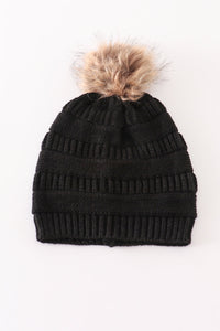 Black Cable Knit Pom-Pom Beanie Hat by Abby & Evie