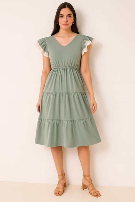 A woman wearing a sage green tiered dress with flutter sleeves trimmed in ivory lace. The dress features a V-neckline, an elastic waistband, and a soft, flowy silhouette that falls below the knee. She pairs it with tan strappy block heels and stands against a neutral background.