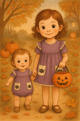 A cozy storybook-style illustration of two young girls dressed for Halloween in matching purple outfits. The older girl wears a short-sleeved dress with flutter sleeves and lace trim, featuring front pockets with playful black spider graphics. She holds a classic orange jack-o'-lantern bucket. The younger girl wears a coordinating bubble romper with the same spider pocket design and flutter details. They are holding hands and smiling, surrounded by autumn trees and fallen leaves.