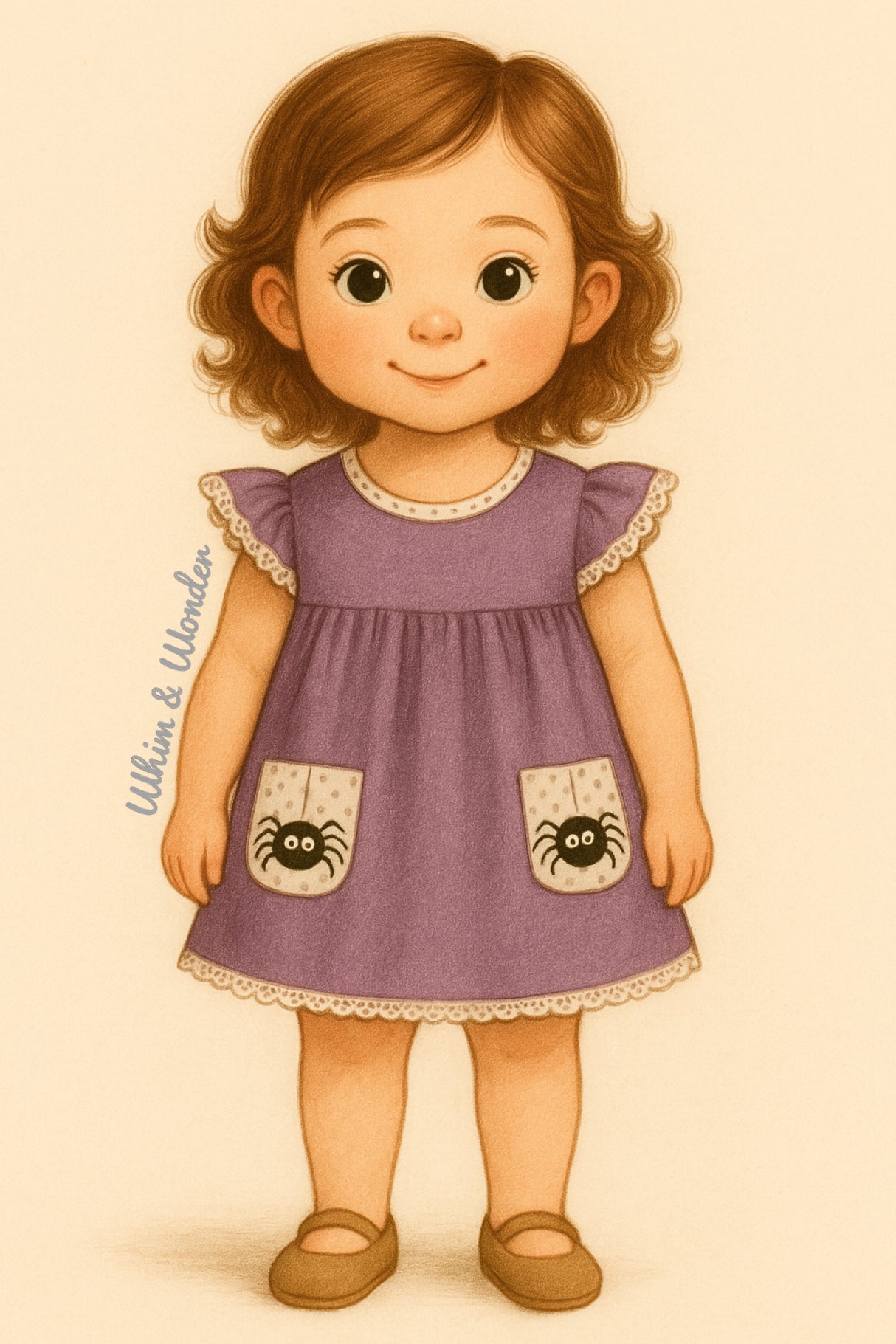 A storybook-style illustration of a young girl with short brown curls wearing a purple dress with flutter sleeves and lace trim. The dress features two front pockets adorned with adorable black spider graphics, giving it a playful Halloween charm. The background is a soft beige, and the image includes the boutique name "Whim & Wonder" in script on the left side along the arm.