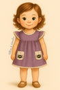 A storybook-style illustration of a young girl with short brown curls wearing a purple dress with flutter sleeves and lace trim. The dress features two front pockets adorned with adorable black spider graphics, giving it a playful Halloween charm. The background is a soft beige, and the image includes the boutique name "Whim & Wonder" in script on the left side along the arm.