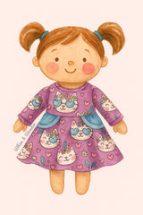 A storybook-style illustration of a smiling doll with pigtails wearing Pete + Lucy’s Purrfectly Cute Doll Dress. The long-sleeve dress features a dusty mauve background with playful kitten faces wearing blue heart-shaped sunglasses and floral crowns, scattered among pink hearts and blossoms. Light blue side pockets add a sweet accent to the twirly skirt.