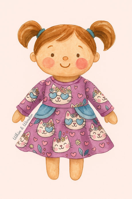 A storybook-style illustration of a smiling doll with pigtails wearing Pete + Lucy’s Purrfectly Cute Doll Dress. The long-sleeve dress features a dusty mauve background with playful kitten faces wearing blue heart-shaped sunglasses and floral crowns, scattered among pink hearts and blossoms. Light blue side pockets add a sweet accent to the twirly skirt.