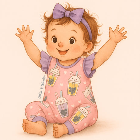 A storybook-style illustration of a baby girl wearing the Pete + Lucy Bubble Tea Romper. The romper is a one-piece design with flutter sleeves and lavender ankle cuffs, printed with playful pastel boba cups featuring bunny, cat, panda, and unicorn faces on a pink background with white hearts. The baby has light brown skin, short curly hair, and both arms raised joyfully in the air, set against a soft pale pink backdrop.