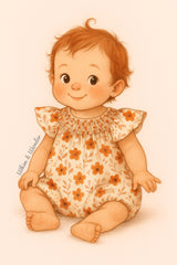 A storybook style illustration of a young toddler wearing a floral bubble romper with flutter sleeves. The outfit features warm autumn tones with scattered rust-orange flowers and a smocked neckline. The child is softly smiling, standing against a light background in a cozy, storybook setting.
