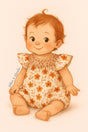 A storybook style illustration of a young toddler wearing a floral bubble romper with flutter sleeves. The outfit features warm autumn tones with scattered rust-orange flowers and a smocked neckline. The child is softly smiling, standing against a light background in a cozy, storybook setting.