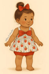 Storybook-style illustration of a baby girl with light brown skin and dark brown hair in a high bun, adorned with a bright red bow. She wears a sleeveless dress with wide straps, decorated with a blue-and-white striped apple print and a large red bow at the chest. She’s paired with red bloomers that sit high on her thighs and stands barefoot with a gentle smile against a soft cream background. 