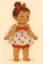 Storybook-style illustration of a baby girl with light brown skin and dark brown hair in a high bun, adorned with a bright red bow. She wears a sleeveless dress with wide straps, decorated with a blue-and-white striped apple print and a large red bow at the chest. She’s paired with red bloomers that sit high on her thighs and stands barefoot with a gentle smile against a soft cream background. 