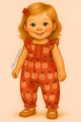A storybook-style illustration of a young toddler girl with wavy blonde hair and blue eyes, smiling sweetly. She’s wearing a red apple-print romper with ruffle sleeves, front buttons, and gathered leg cuffs. The romper features playful apples in a variety of patterns. The background is a soft, pale pink, giving the image a warm and whimsical feel.