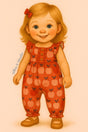 A storybook-style illustration of a young toddler girl with wavy blonde hair and blue eyes, smiling sweetly. She’s wearing a red apple-print romper with ruffle sleeves, front buttons, and gathered leg cuffs. The romper features playful apples in a variety of patterns. The background is a soft, pale pink, giving the image a warm and whimsical feel.