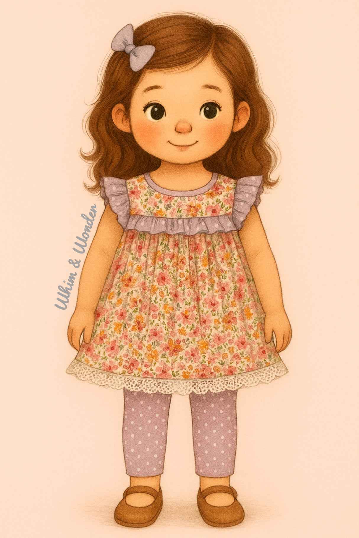 A whimsical storybook-style illustration of a young girl wearing a flutter-sleeve floral tunic with ruffle and lace details, paired with lavender polka dot leggings. She stands with a gentle smile against a soft pink background, her wavy hair topped with a bow to match her cozy cottage look.