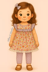 A whimsical storybook-style illustration of a young girl wearing a flutter-sleeve floral tunic with ruffle and lace details, paired with lavender polka dot leggings. She stands with a gentle smile against a soft pink background, her wavy hair topped with a bow to match her cozy cottage look.