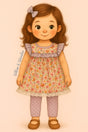 A whimsical storybook-style illustration of a young girl wearing a flutter-sleeve floral tunic with ruffle and lace details, paired with lavender polka dot leggings. She stands with a gentle smile against a soft pink background, her wavy hair topped with a bow to match her cozy cottage look.