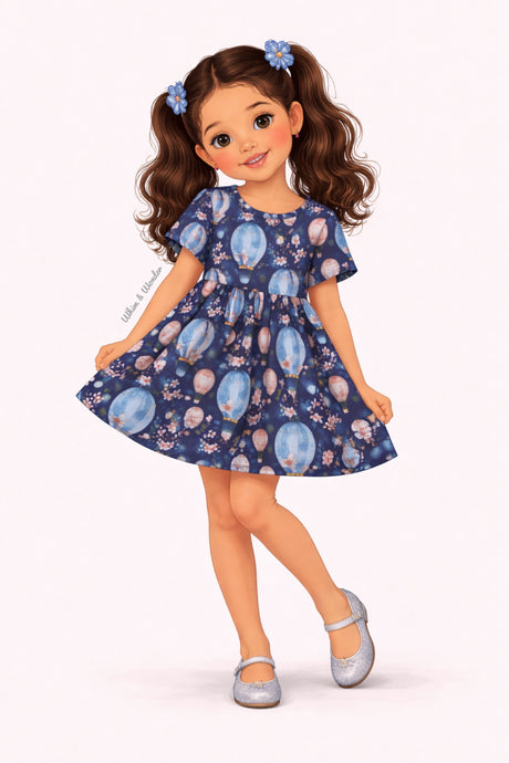 Illustrated girl wearing a navy short-sleeve dress featuring pastel hot air balloons and floral details.